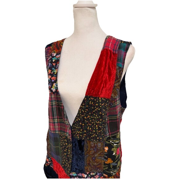 Vintage Blue Patchwork Vest Women’s Large Tie Back Button Front - Picture 2 of 16